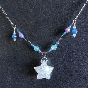Multicolor iridescent beaded silver necklace with star pendant new handmade